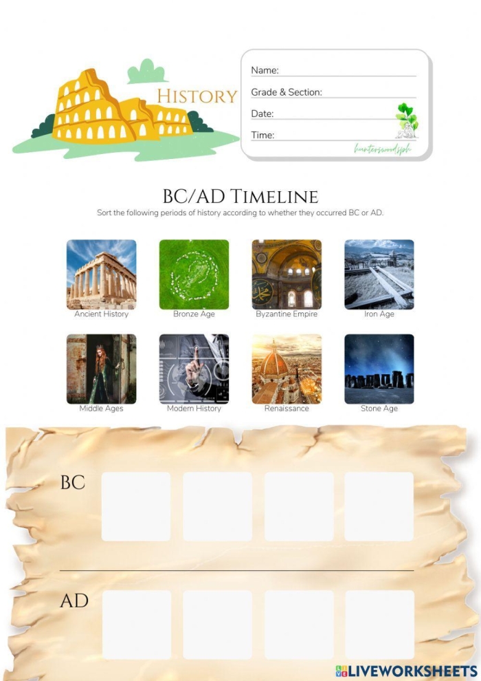 A detailed guide to understanding BCE/CE timelines in an educational worksheet format Reading BCE/CE timelines worksheet for sixth graders to enhance their social studies skills