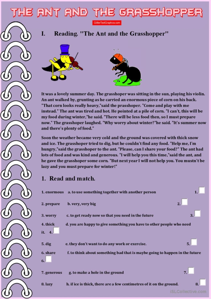 Second grade geometry worksheet featuring The Ant and the Grasshopper fable to enhance reading skills