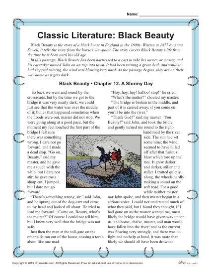 Black Beauty reading passage and fraction exercises for grade five learners, worksheet 18 Fifth grade worksheet for reading comprehension with a Black Beauty excerpt and fraction problems