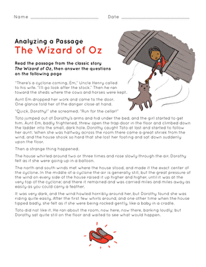 Title for worksheet image 22 featuring The Wonderful Wizard of Oz passage analysis for fifth graders Fifth grade students working on an Analyzing a Passage from The Wizard of Oz reading comprehension worksheet