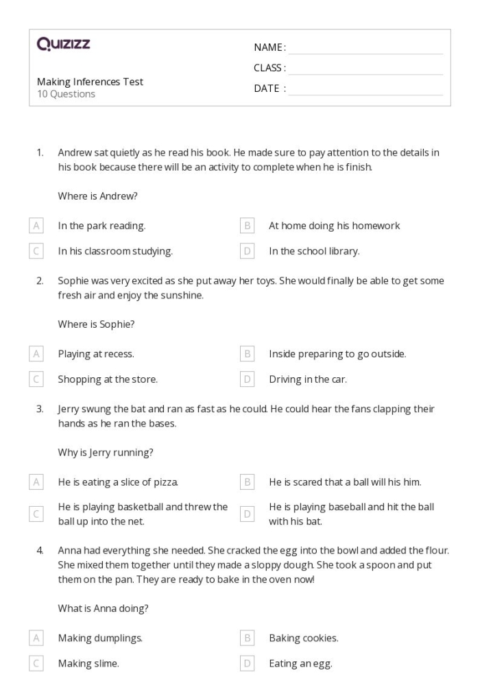 Make Your Own Inferences 2 activity sheet for enhancing students' inference skills Second Grade worksheet for practicing reading comprehension through making inferences