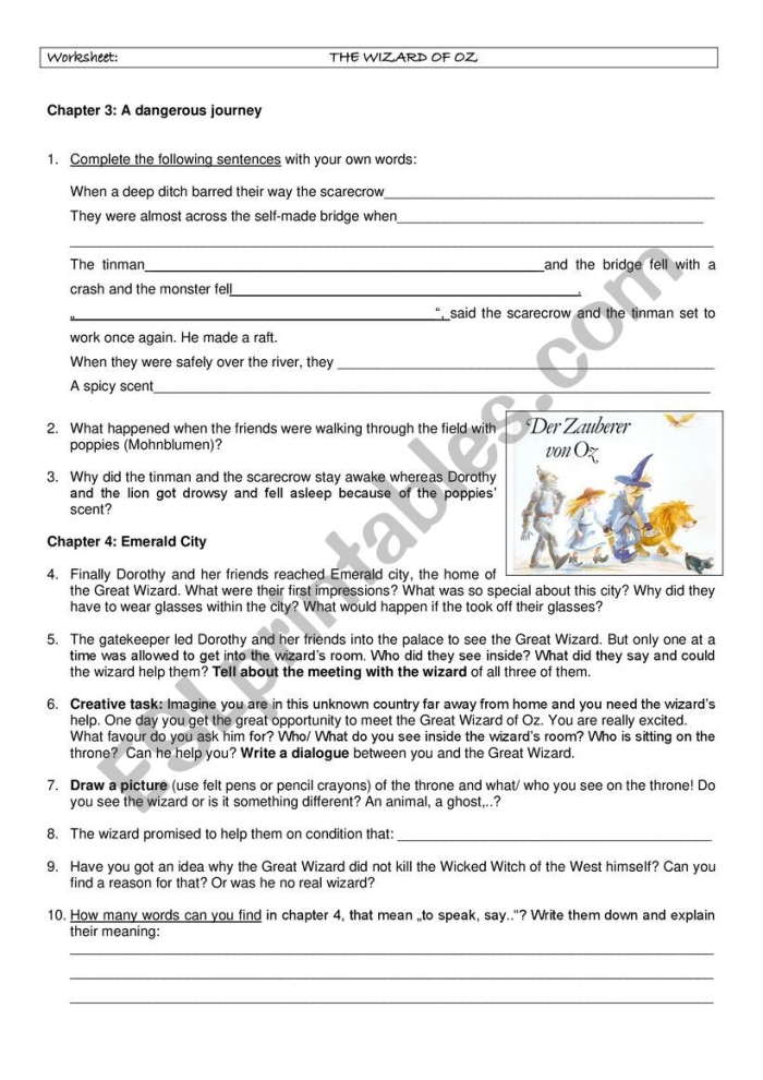Fifth grade reading comprehension worksheet featuring a passage from The Wonderful Wizard of Oz Fifth grade students completing an analyzing a passage worksheet based on The Wizard of Oz