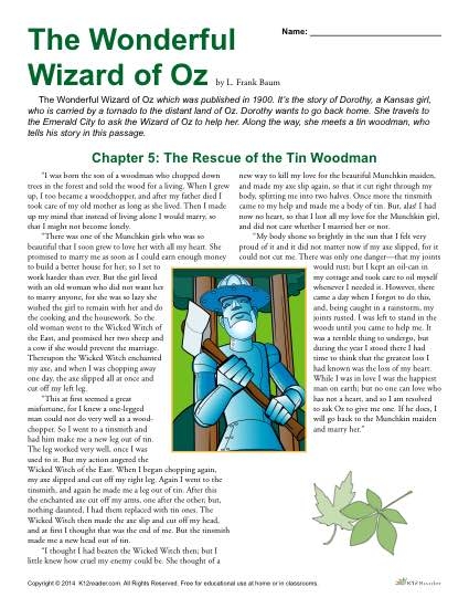 Reading and answering questions from The Wonderful Wizard of Oz passage in worksheet image 17 Fifth grade students working on an Analyzing a Passage from The Wizard of Oz worksheet focused on reading comprehension