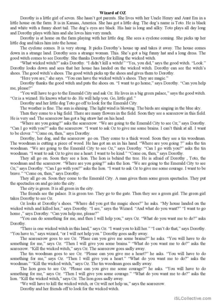 Grade 5 worksheet for understanding a passage from The Wonderful Wizard of Oz with related questions and exercises Fifth grade students working on an Analyzing a Passage from The Wizard of Oz worksheet focused on reading comprehension