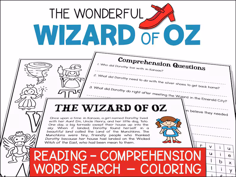 Worksheet for fifth graders analyzing a passage from The Wonderful Wizard of Oz story with questions to answer Fifth grade students working on an Analyzing a Passage from The Wizard of Oz worksheet focused on reading comprehension