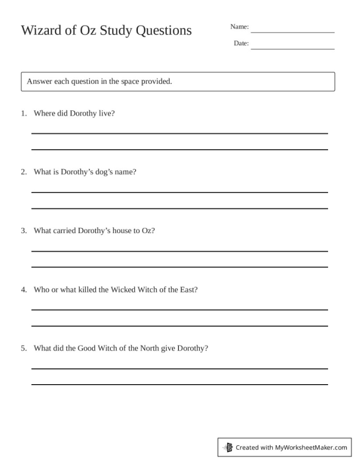 Worksheet for analyzing a passage from The Wonderful Wizard of Oz story for fifth graders Fifth grade students working on a reading comprehension worksheet about The Wizard of Oz passage