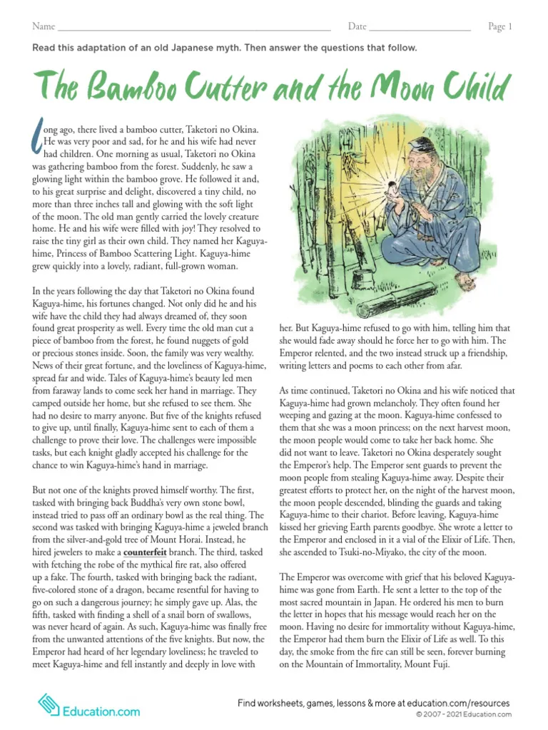 Worksheet featuring the Japanese myth "The Bamboo Cutter and the Moon Child" for reading comprehension. Eighth-grade students engage with comprehension questions based on a one-page adaptation of the story.