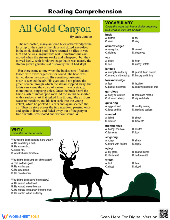 Worksheet featuring reading comprehension exercises on "All Gold Canyon" by Jack London for fifth graders