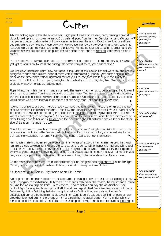 Worksheet featuring reading comprehension questions on "The Bamboo Cutter and the Moon Child" for eighth graders
