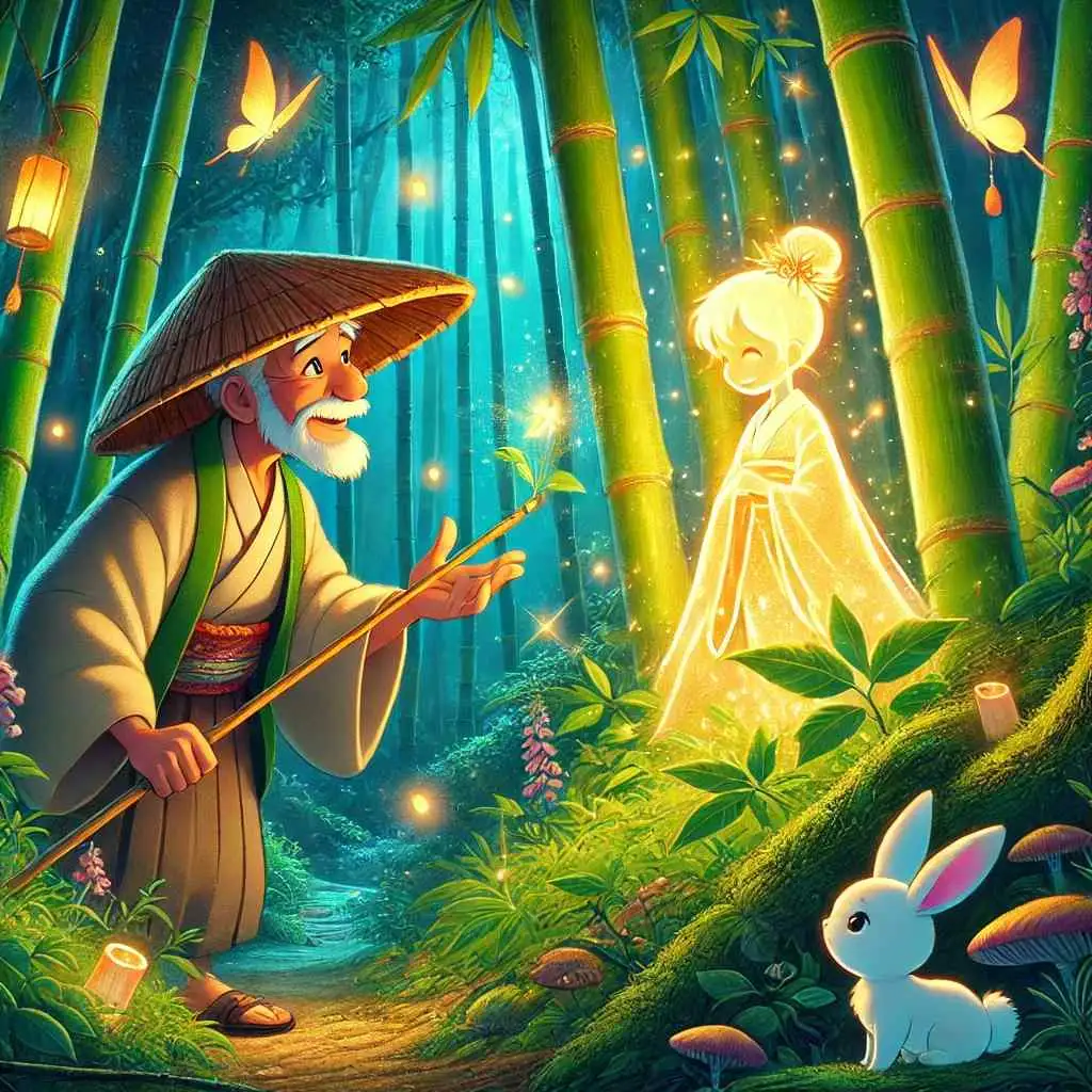 Worksheet featuring comprehension questions on "The Bamboo Cutter and the Moon Child" myth