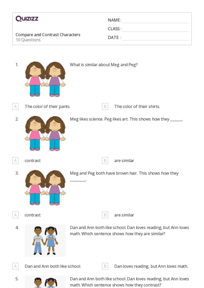 Third grade students working on a Comparing Characters from Two Fiction Texts worksheet focusing on reading comprehension