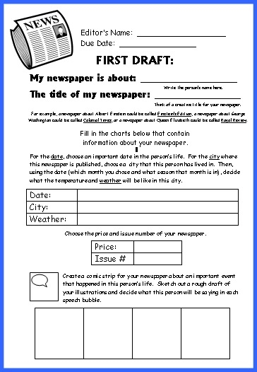 Fourth grade student completing a newspaper article template worksheet for reading practice
