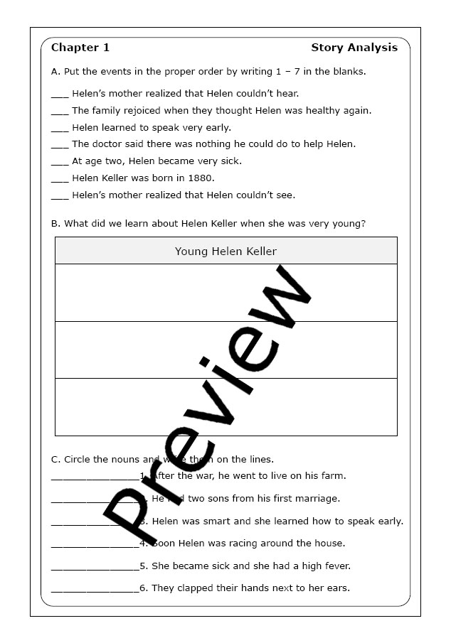Third grade worksheet on important supporting details about Helen Keller for reading practice