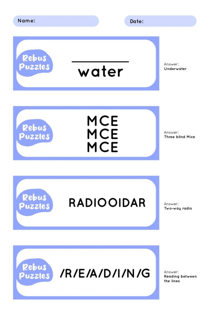 Rebus puzzle brainteasers worksheet designed for sixth graders to enhance grammar skills