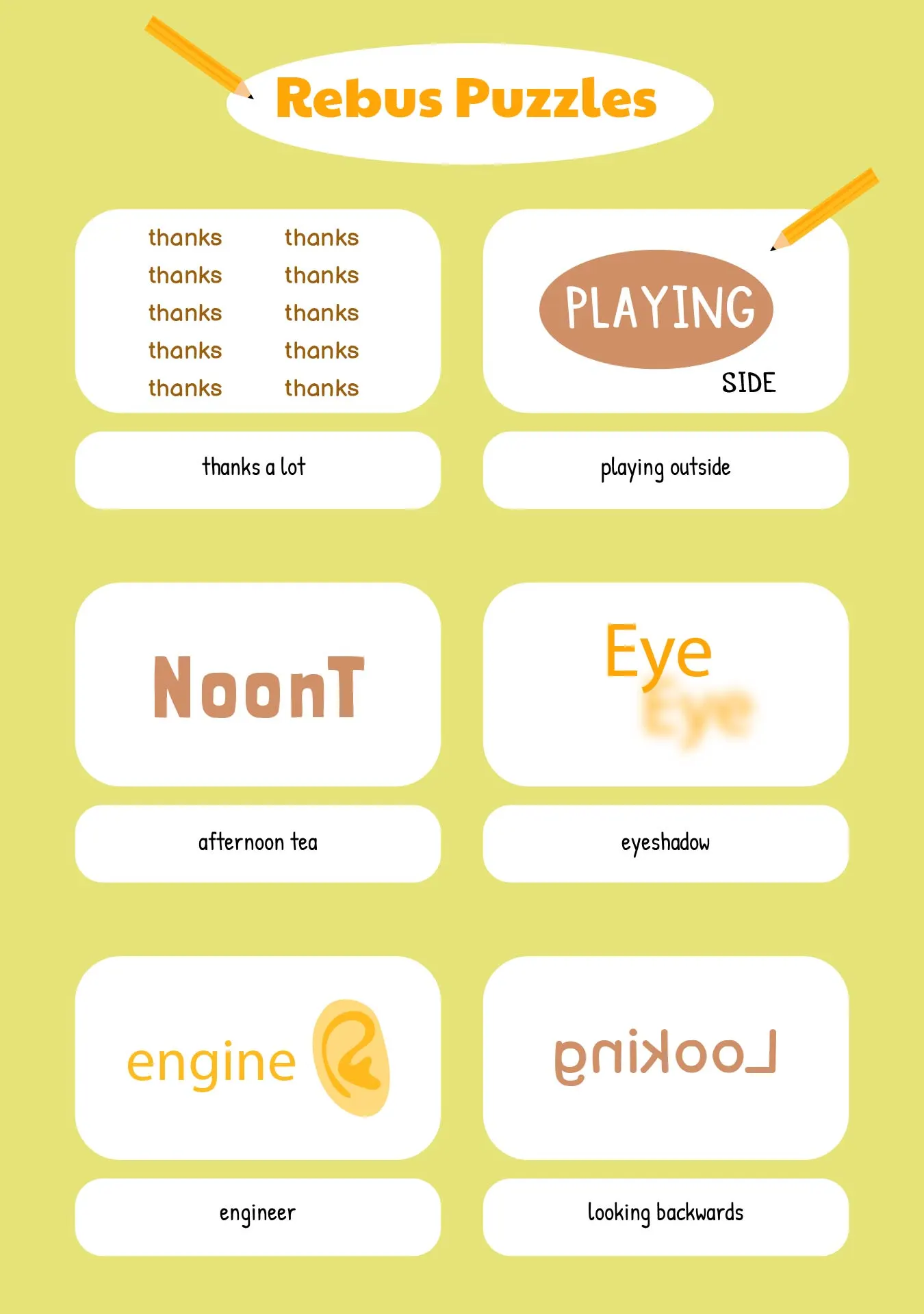 Rebus puzzle brainteasers worksheet for sixth graders to enhance grammar skills