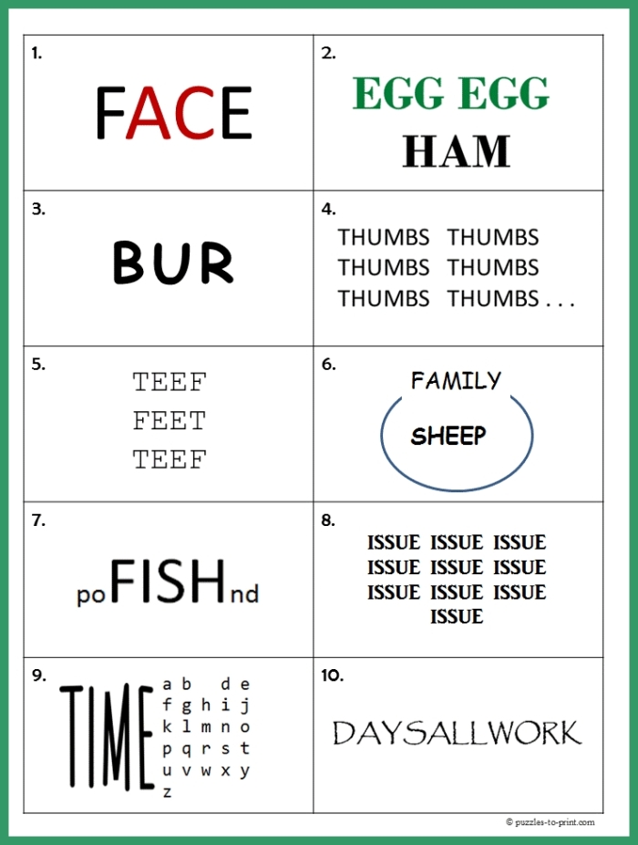 Rebus puzzle brainteasers worksheet designed for sixth graders to enhance grammar skills