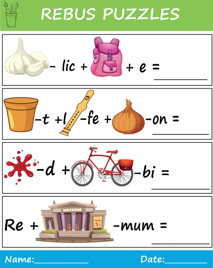 Rebus puzzle brainteasers worksheet for sixth graders with engaging visuals