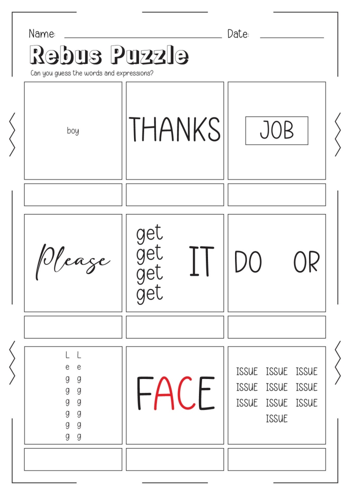 Rebus puzzle brainteasers worksheet for sixth graders to enhance grammar skills