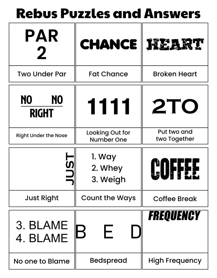Rebus puzzle brainteasers worksheet for sixth graders featuring colorful illustrations