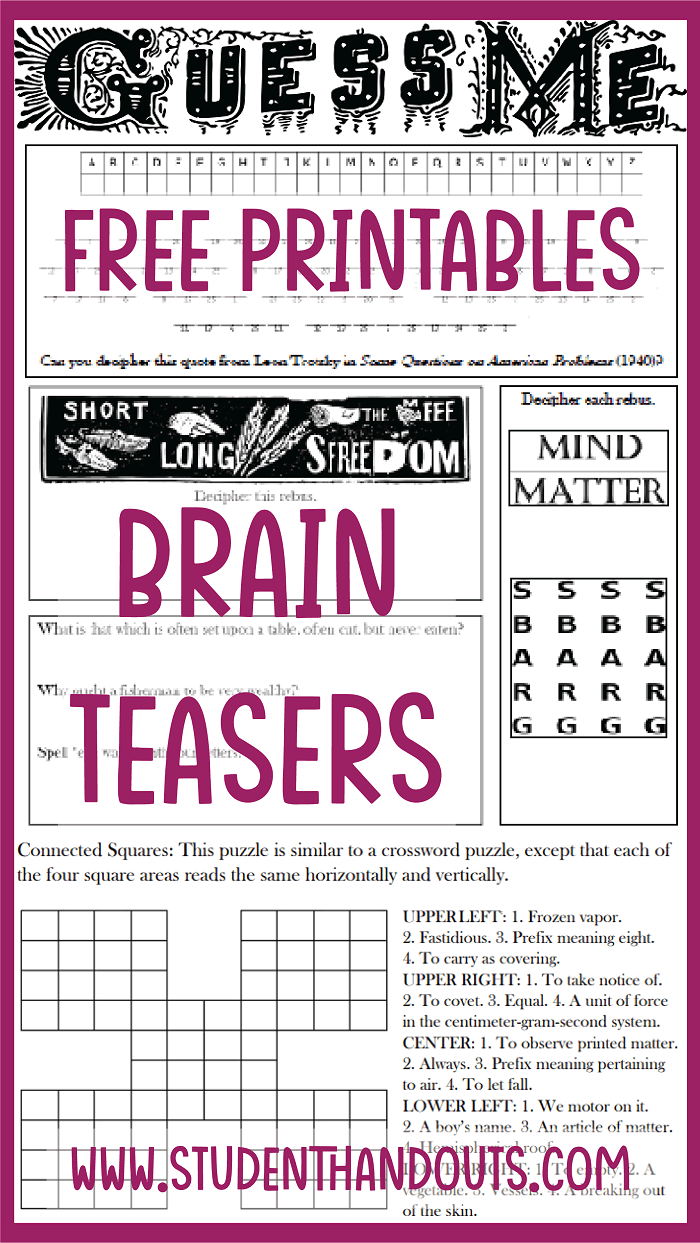 Rebus puzzle brainteasers worksheet for sixth graders featuring fun graphics