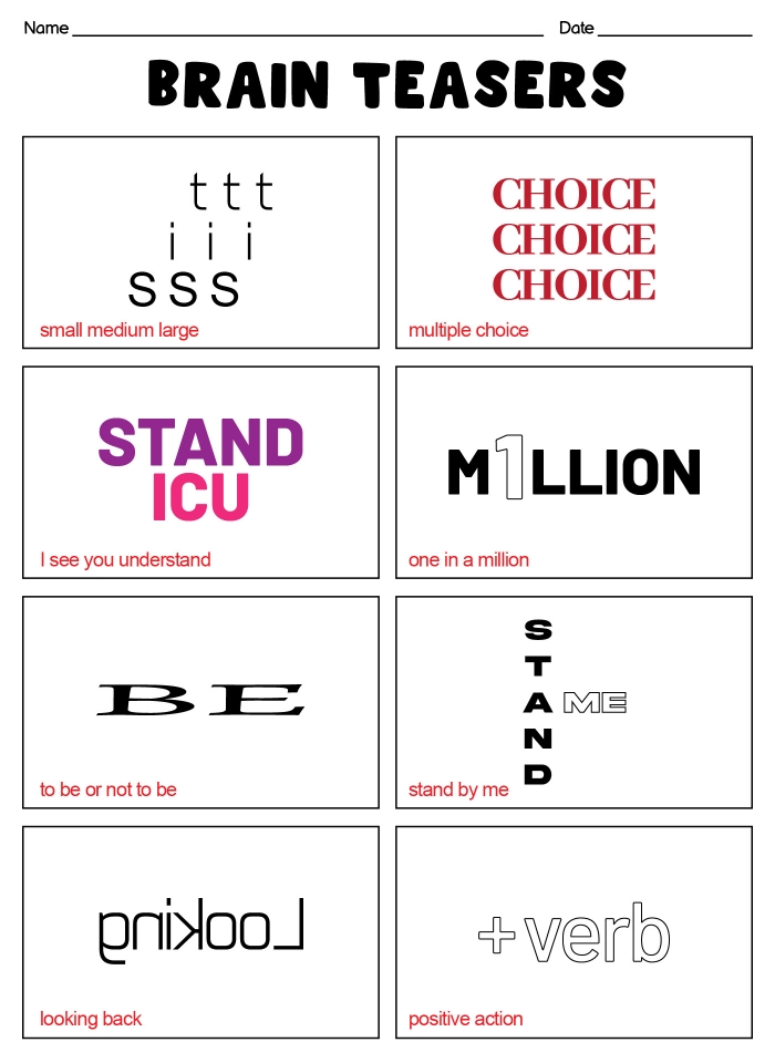 Rebus puzzle brainteasers worksheet designed for sixth graders to enhance grammar skills
