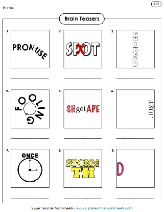 Rebus puzzle brainteasers worksheet for sixth graders to enhance grammar skills