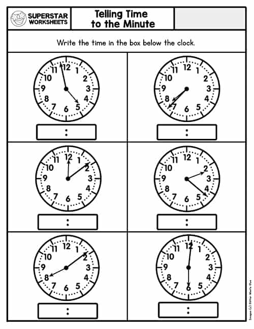 Second grade student completing a Record the Time worksheet focused on grammar and mechanics