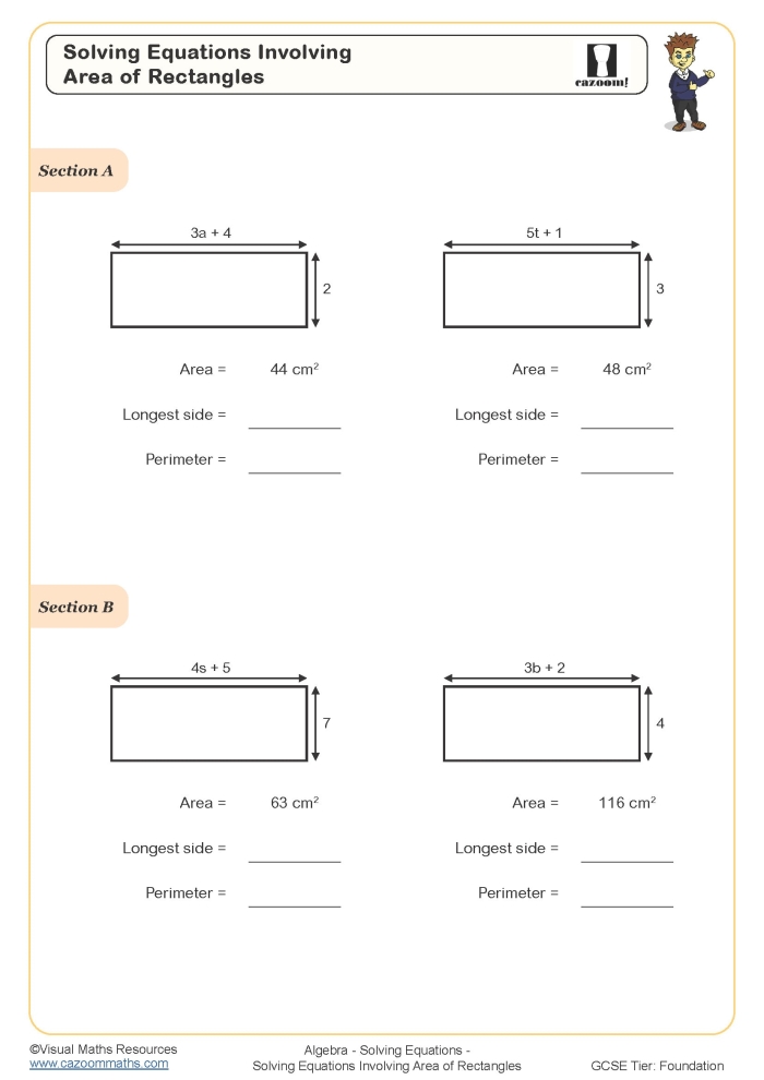 Worksheet for fifth graders to learn algebra by calculating the total area of a rectangle