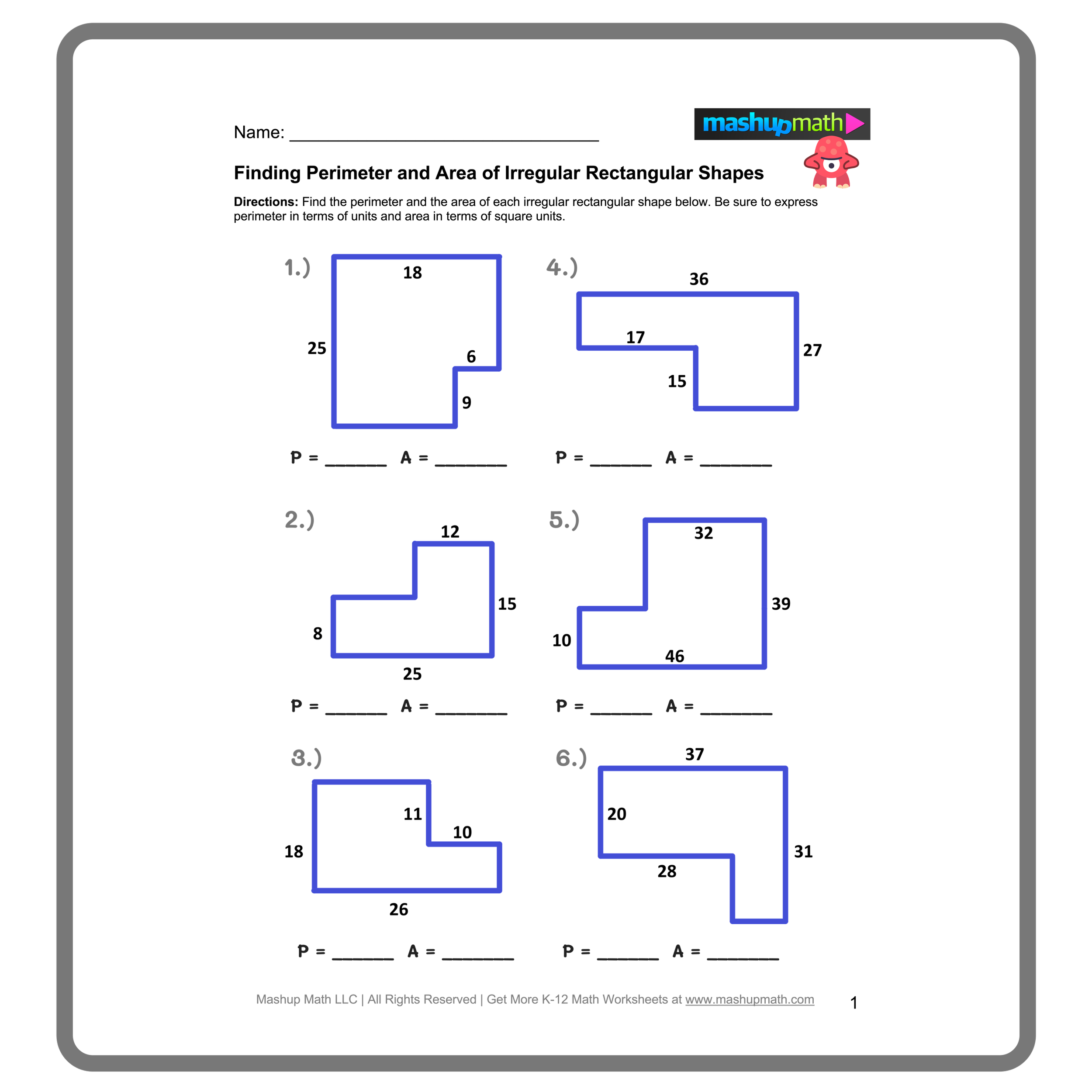 Worksheet for 5th graders on calculating the total area of a rectangle using algebra. Rectangle Algebra: Find the Total Area I worksheet for engaging math practice.