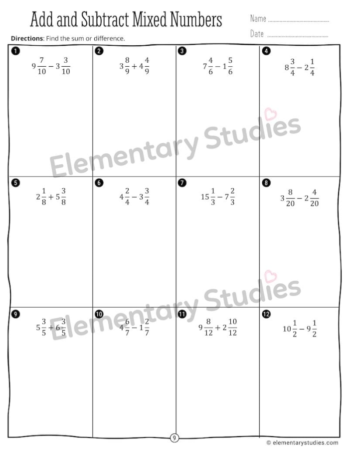 Fourth grade geometry worksheet for subtracting mixed fractions with like denominators and regrouping