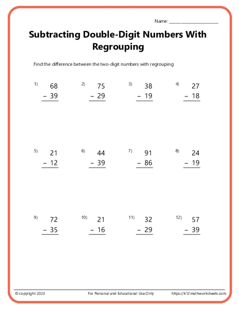 Second grade 2-digit subtraction worksheet with regrouping and a bonus word problem
