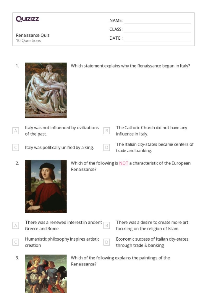 The Renaissance worksheet featuring key figures and events from the historical period