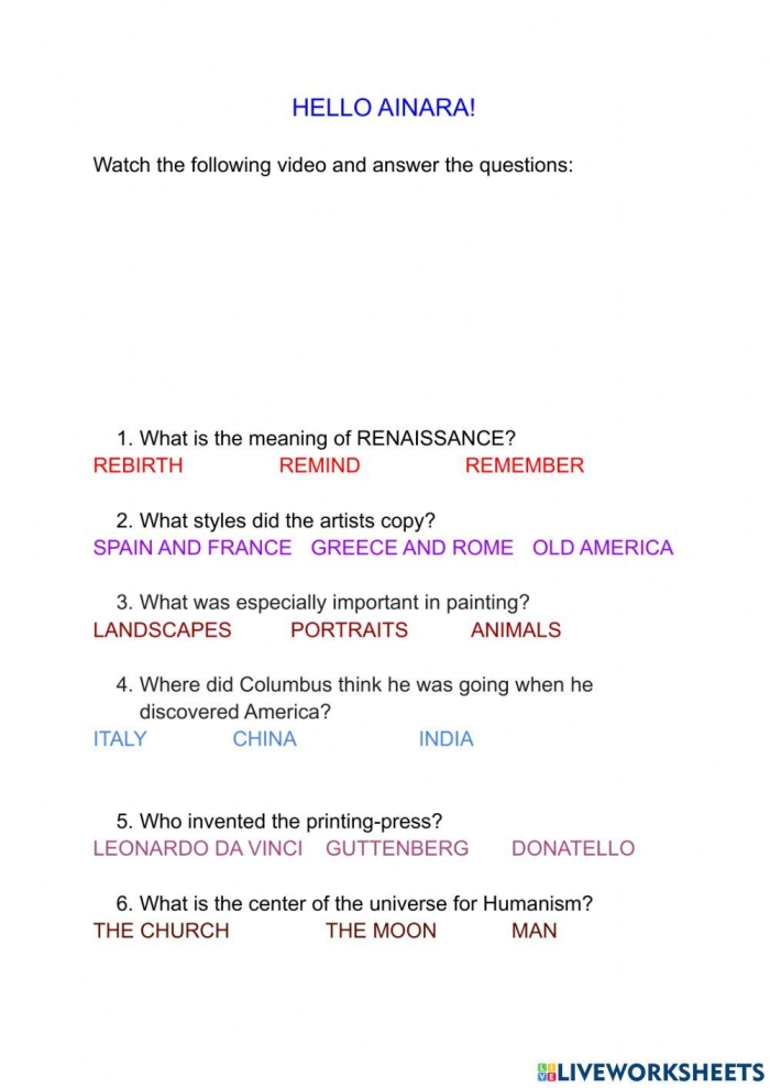 Renaissance worksheet featuring key figures and landmarks from the historical period