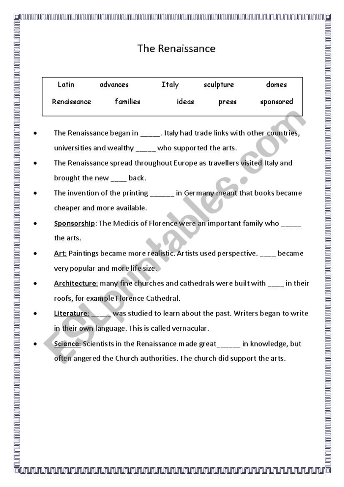 Renaissance worksheet featuring key historical figures and landmarks for history students