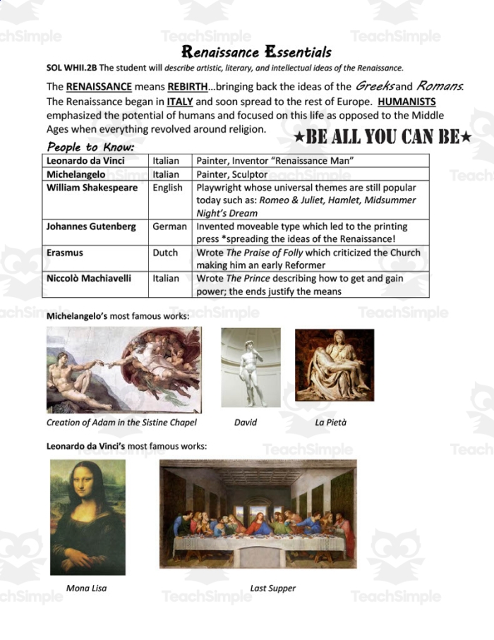 Renaissance worksheet with key figures and events for history learners