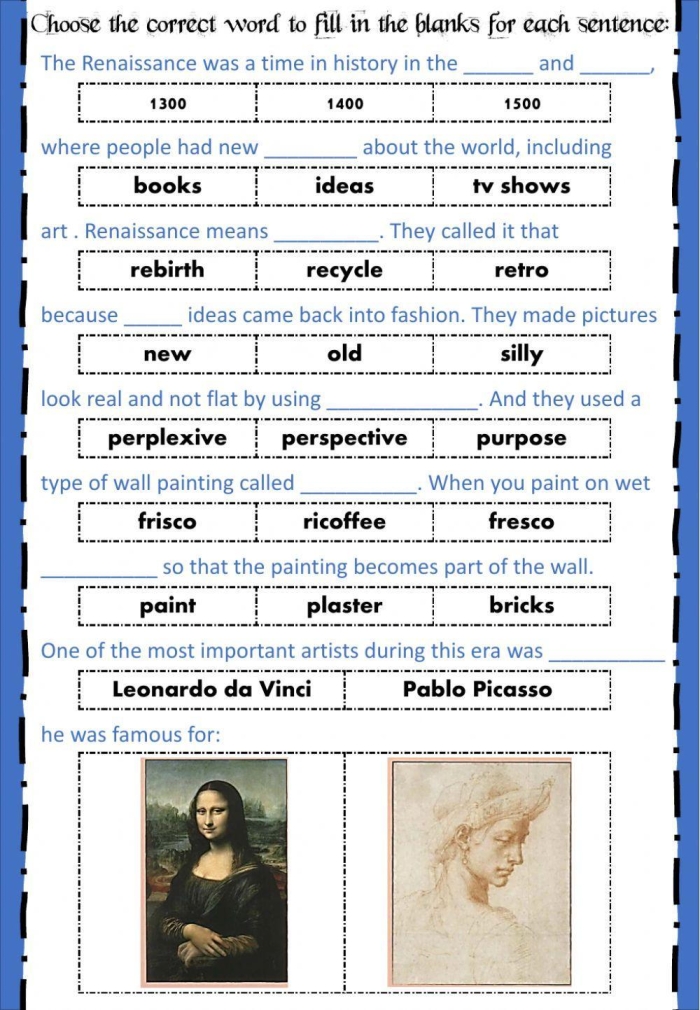 Renaissance worksheet featuring key historical figures and events for students
