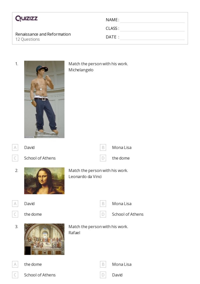 Renaissance worksheet featuring key figures and events from the historical period