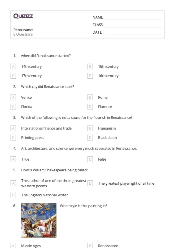 Renaissance worksheet featuring key figures and landmarks from the historical period