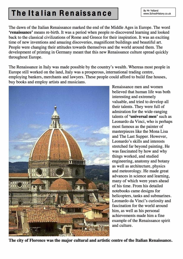 Students completing a Renaissance worksheet focused on key historical figures and events