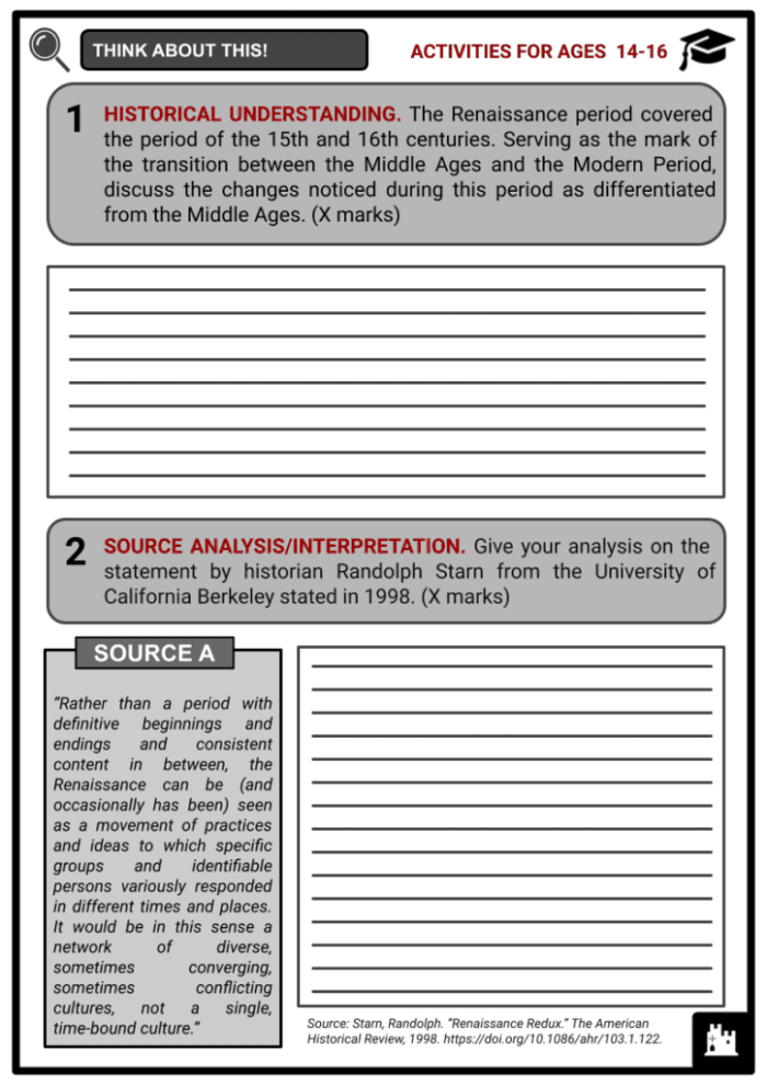 A Renaissance worksheet featuring key figures and landmarks from the historical period