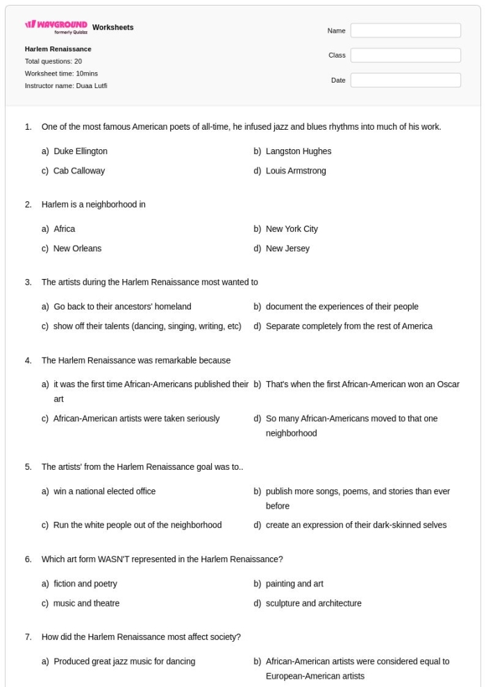 A detailed Renaissance worksheet highlighting key figures and events from the period