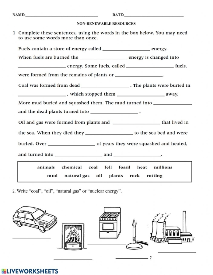 Second grade worksheet showing various natural resources to sort into renewable and nonrenewable categories