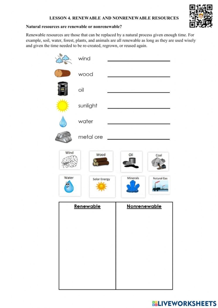 Second grade geography worksheet showing natural resources to sort into renewable and nonrenewable categories