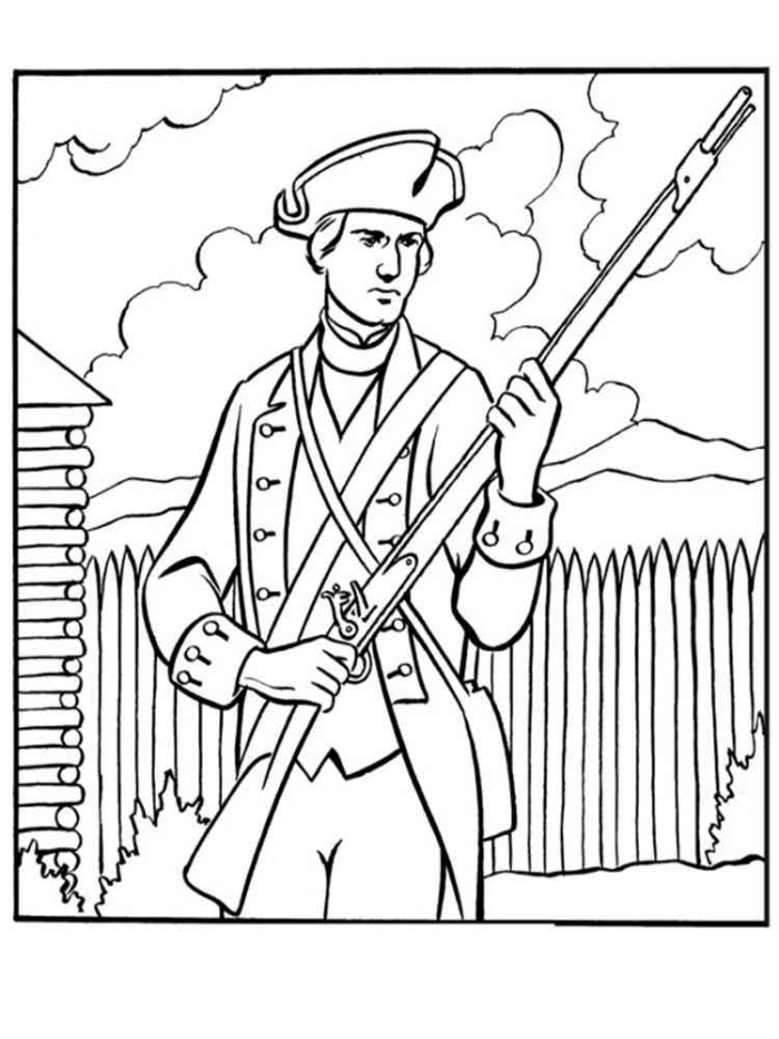 Coloring page for young learners about the American Revolutionary War, image 11 Second grade Revolutionary War coloring worksheet featuring alphabet and history elements