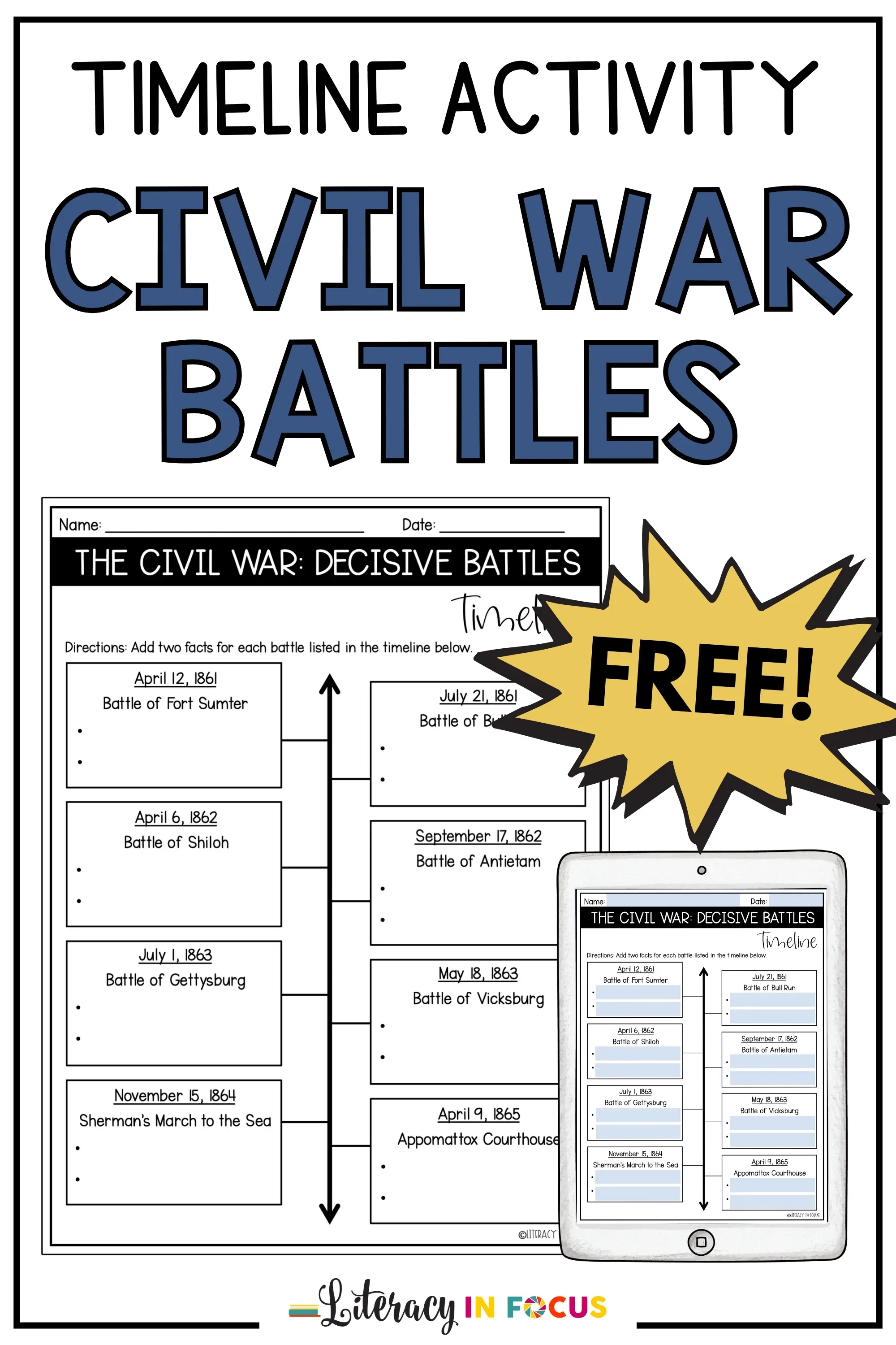 Sixth grade worksheet on American Revolutionary War battles featuring a graphic organizer for social studies