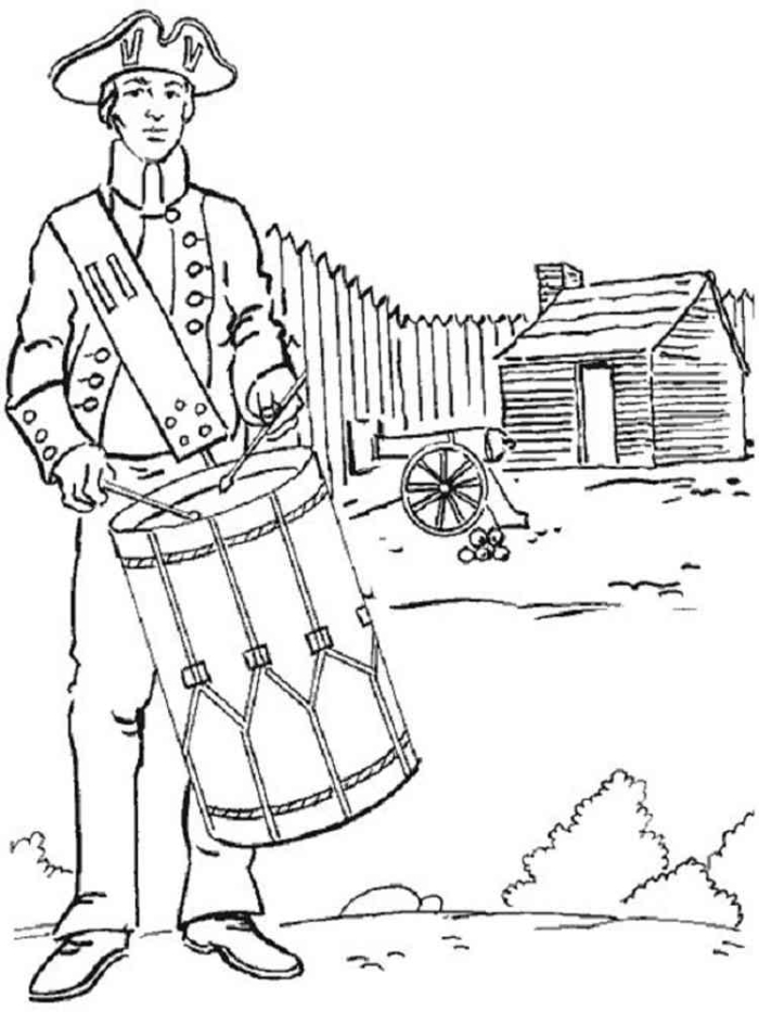 Coloring page for kids learning about the Revolutionary War in second grade alphabet lessons Second grade Revolutionary War coloring worksheet featuring alphabet and historical images