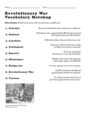 Revolutionary War Vocabulary Match-Up worksheet for fifth graders to learn key terms. Engaging activity for students to connect historical vocabulary with their meanings.