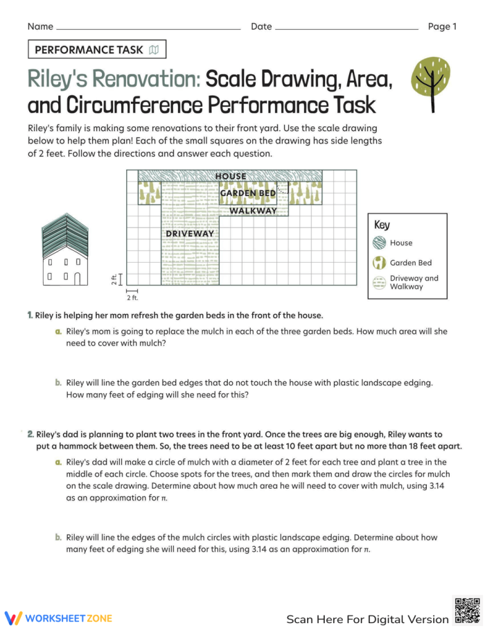 Riley's Renovation worksheet featuring scale drawings and geometry tasks for seventh graders