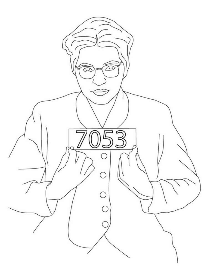 Rosa Parks Coloring Page worksheet featuring a simple illustration for second graders to learn about the Civil Rights Movement