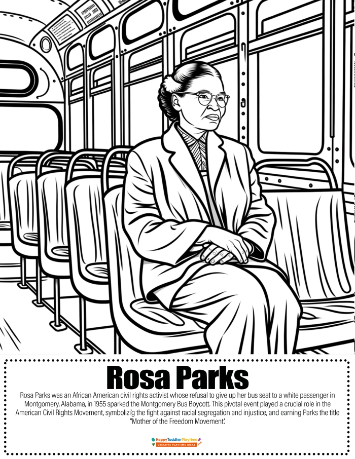 Rosa Parks coloring worksheet for second graders highlighting her role in the Civil Rights Movement